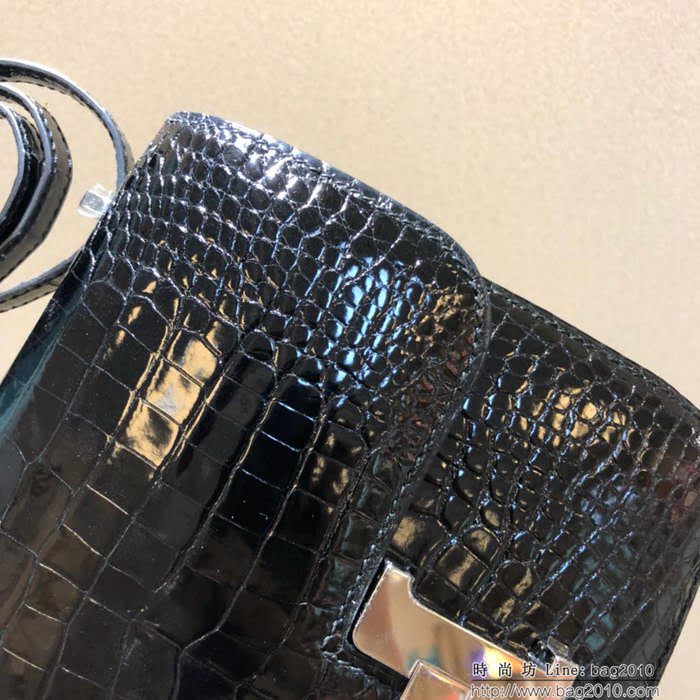 HERMES愛馬仕 康康18cm alligator crocodile 美洲鱷 頂級工藝 蠟線手縫 黑色 銀扣  Ama1516